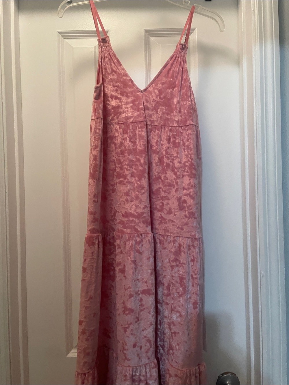 aerie Pink Crushed Velvet Tiered Maxi Dress